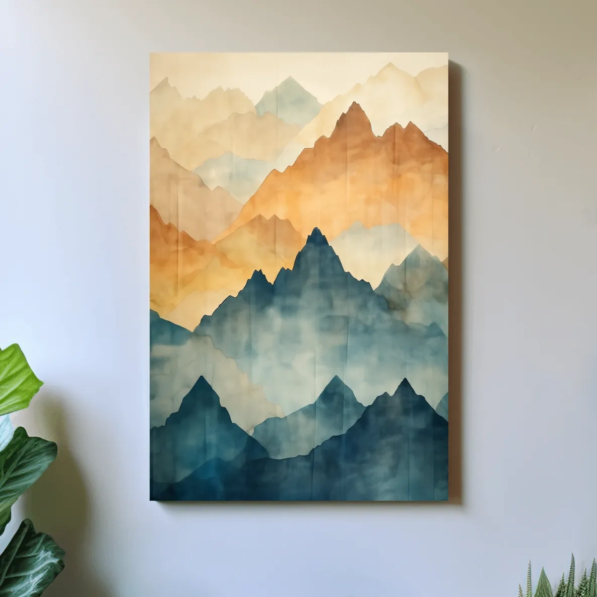 Textured effect watercolour painting of mountain ridgelines in the fog