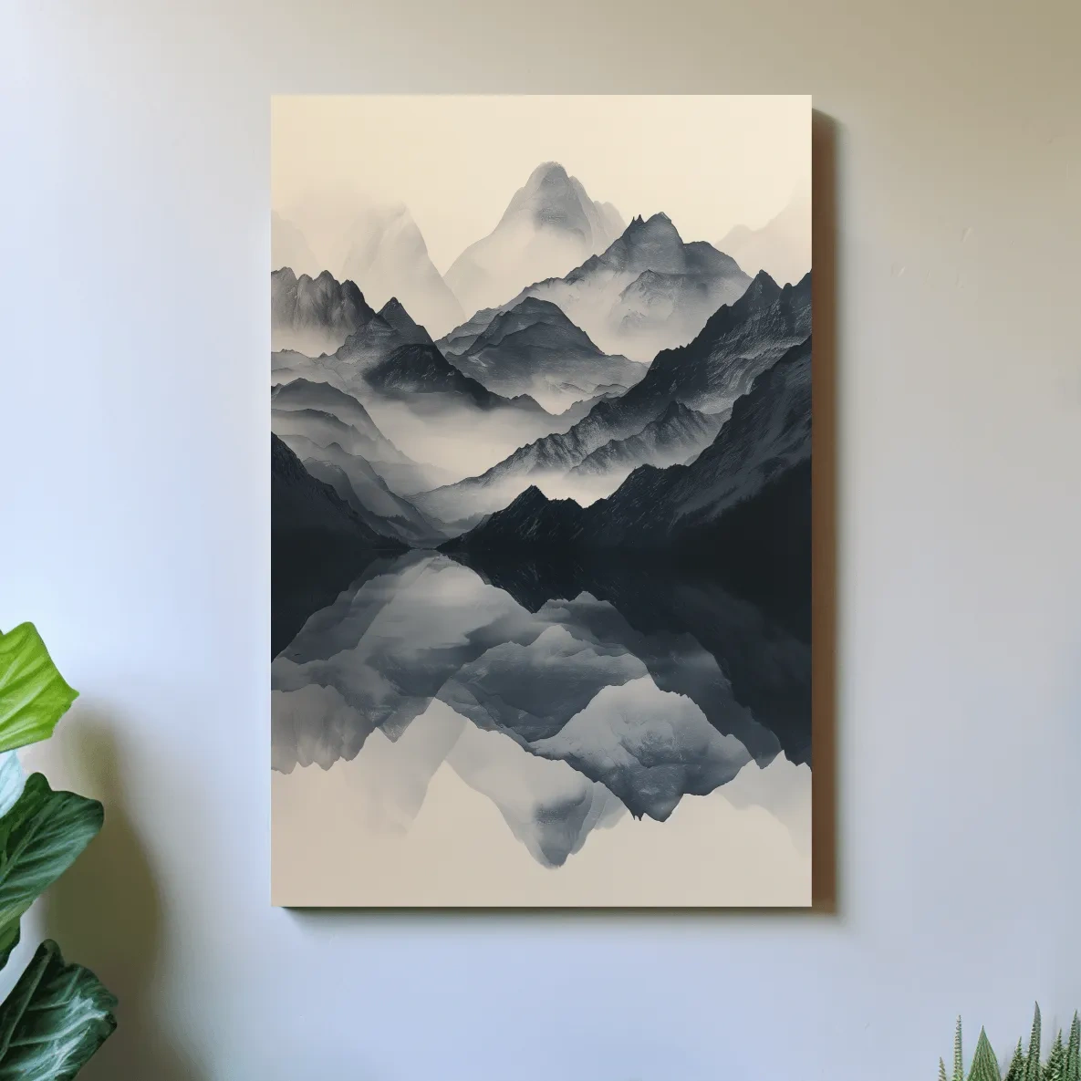 Monochrome Misty Mountain Reflection Landscape - Minimalist Japandi Wall Art