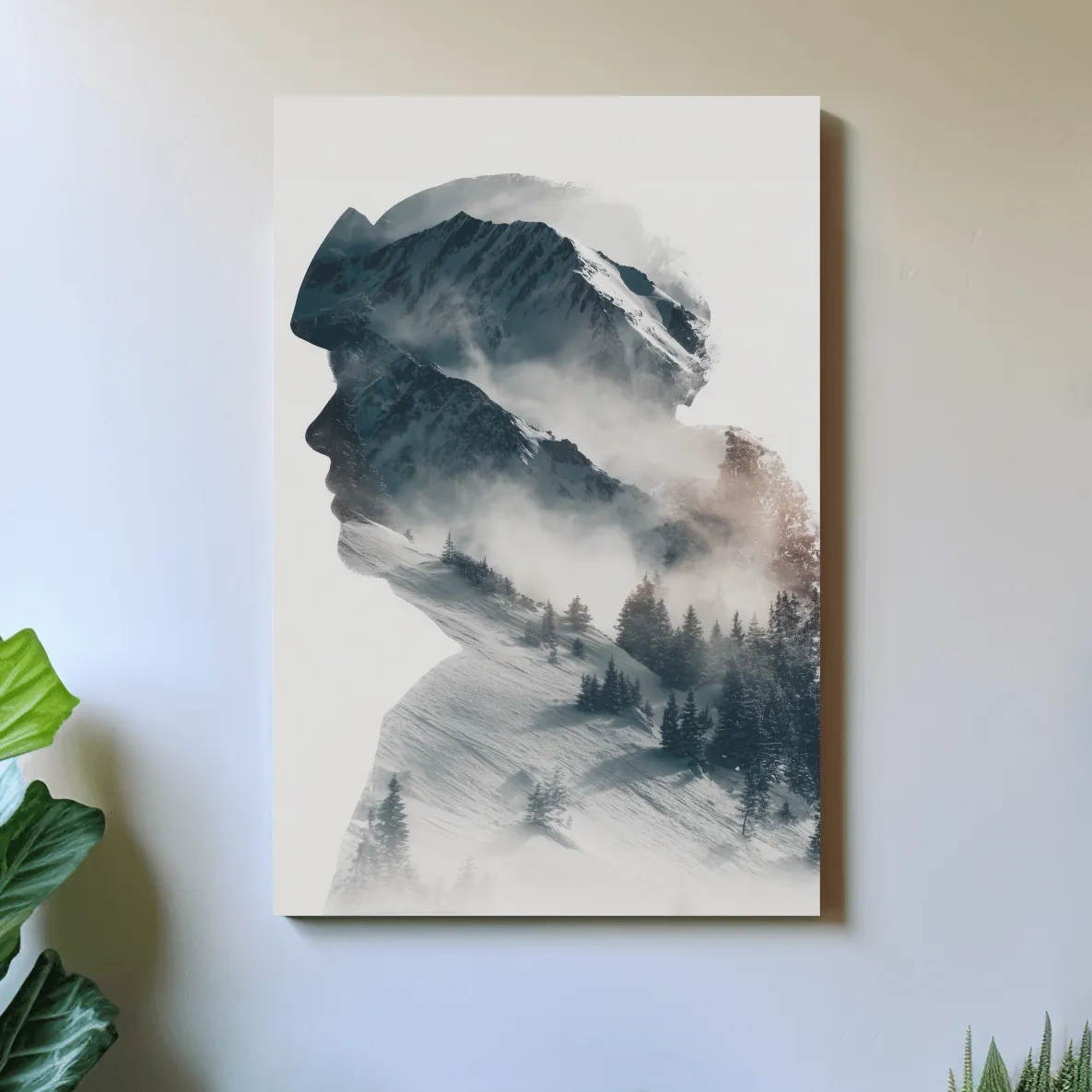 Mountain and skier double exposure wall artwork, blending snow-capped peaks and alpine trees