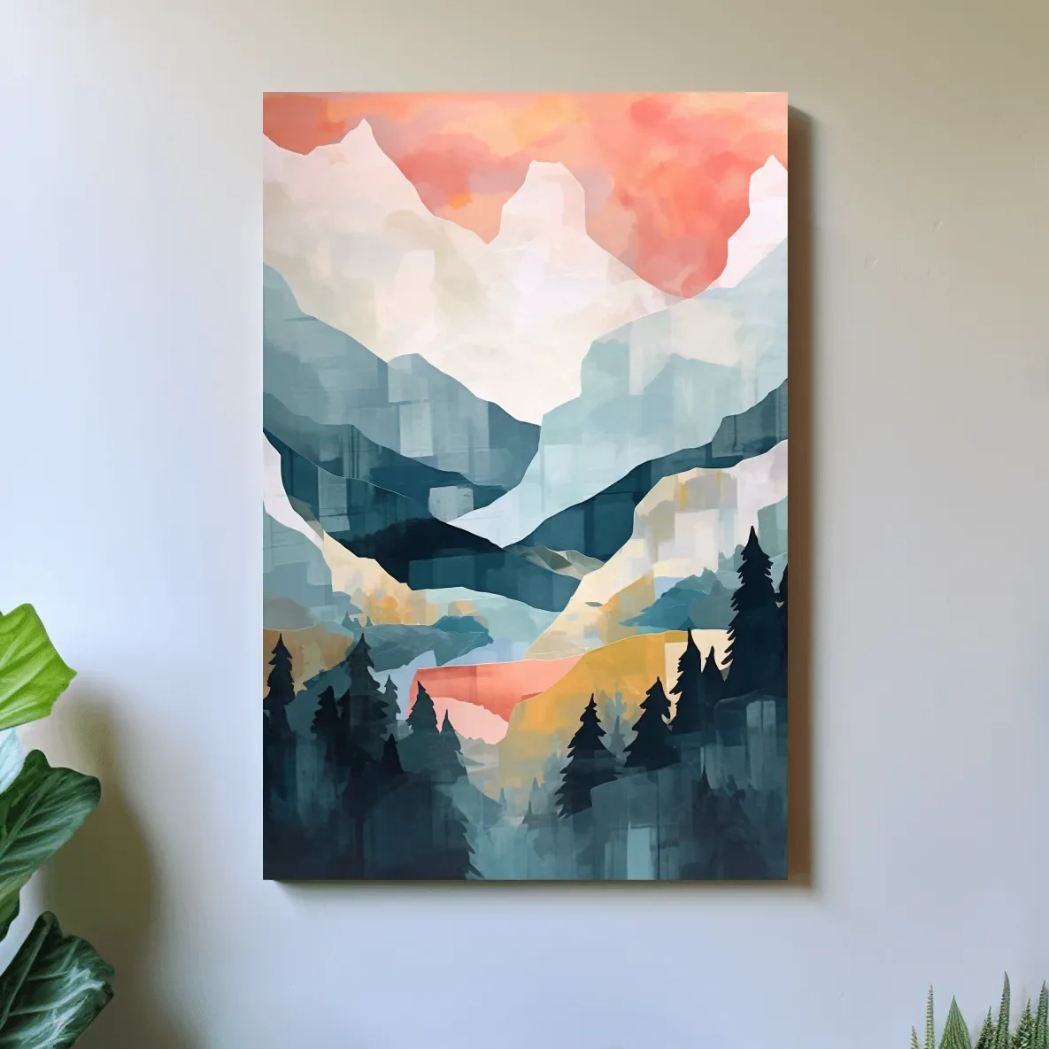 Abstract Watercolor Alpine Mountains At Sunrise - Modern Forest Landscape Artwork