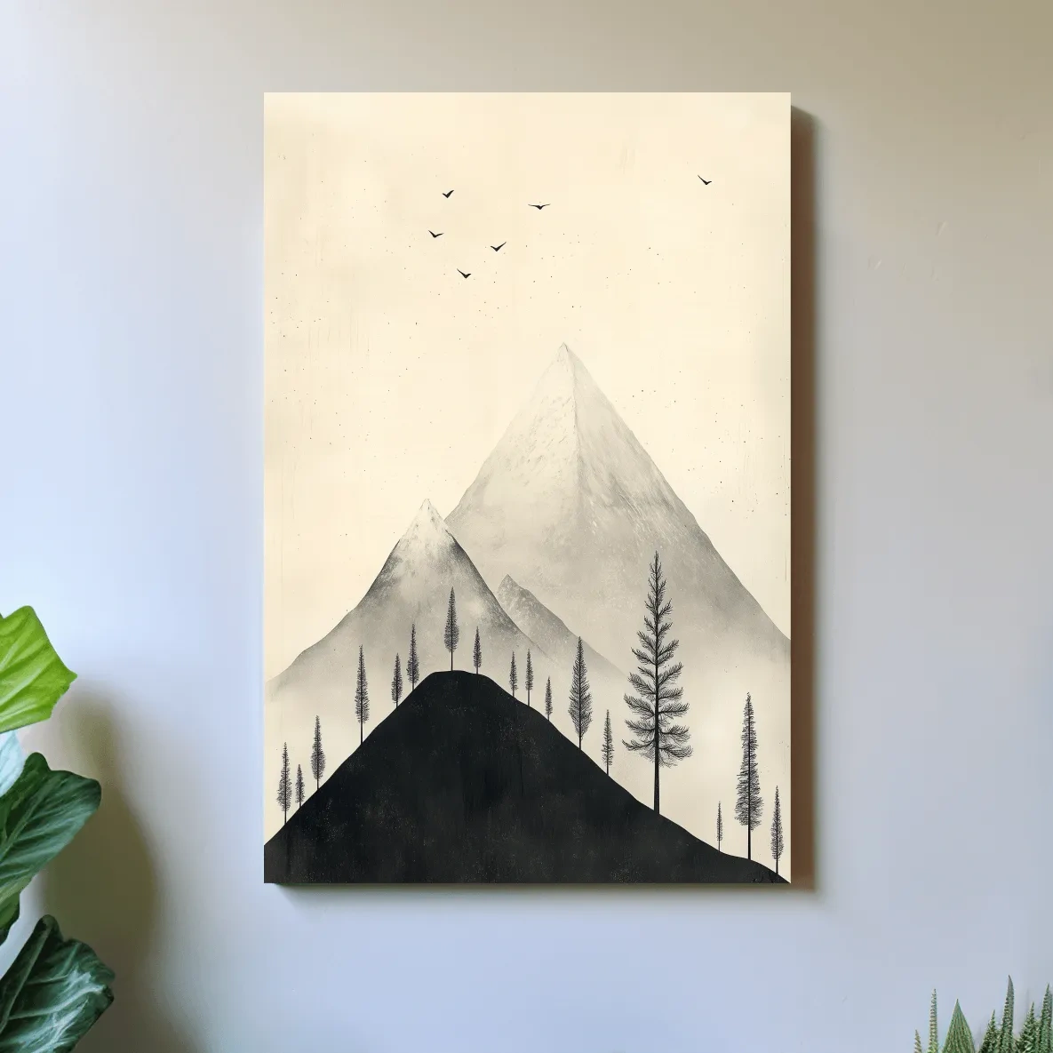 Minimalist mountain artwork with alpine trees and birds, monochrome wall art design