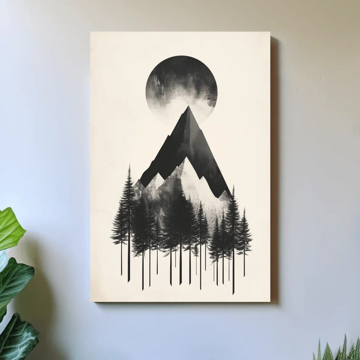Minimalist Monochrome Mountain Peak & Pine Forest - Modern Scandinavian Style Wall Art
