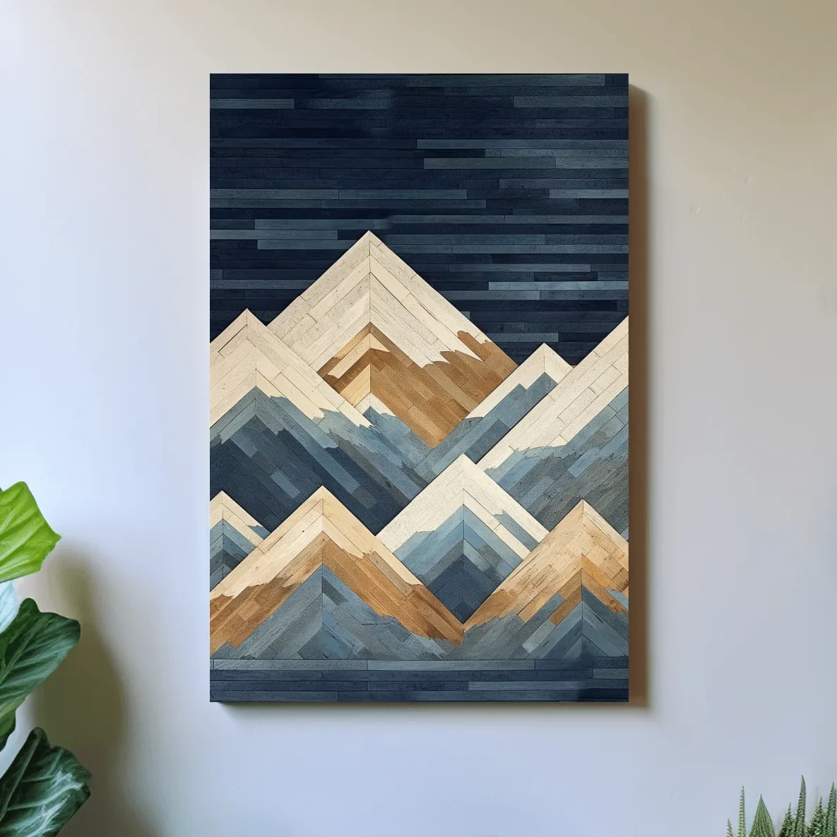 Geometric Layered Mountain Peaks - Wood Texture Landscape Wall Art