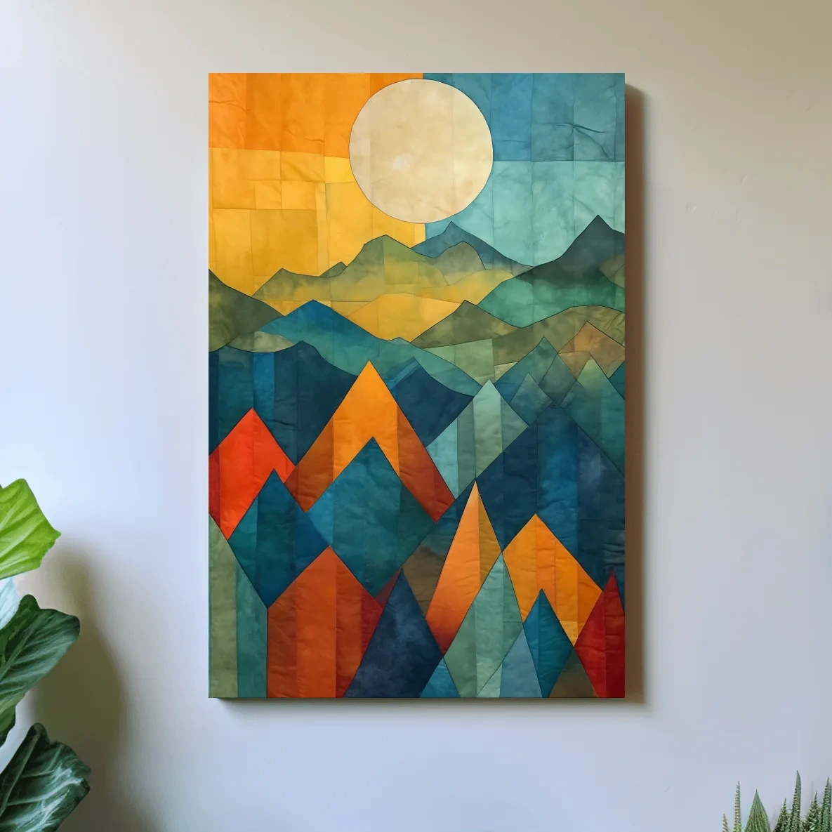 Geometric Patchwork Sunlit Mountain Range Painting - Colorful Abstract Alpine Wall Art