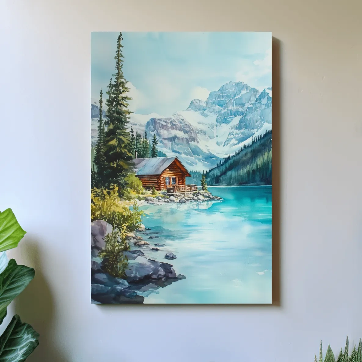 Turquoise Alpine Lake Cabin Watercolor - Serene Snowy Mountain Wall Art