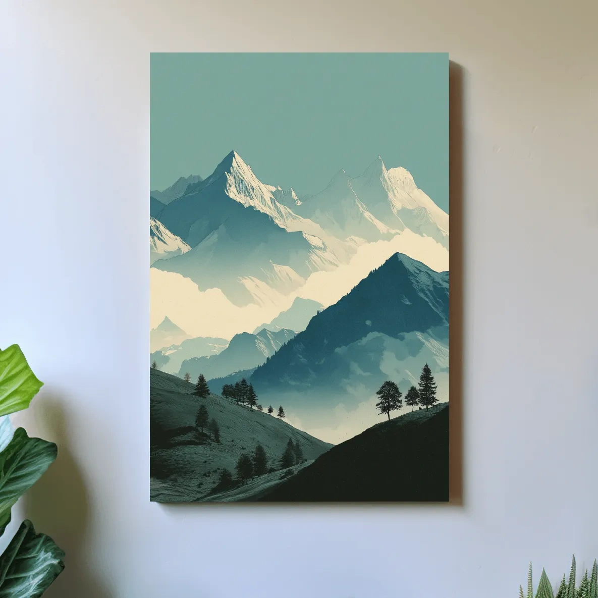 Misty Alpine Mountain Peaks Illustration - Serene Landscape Wall Art