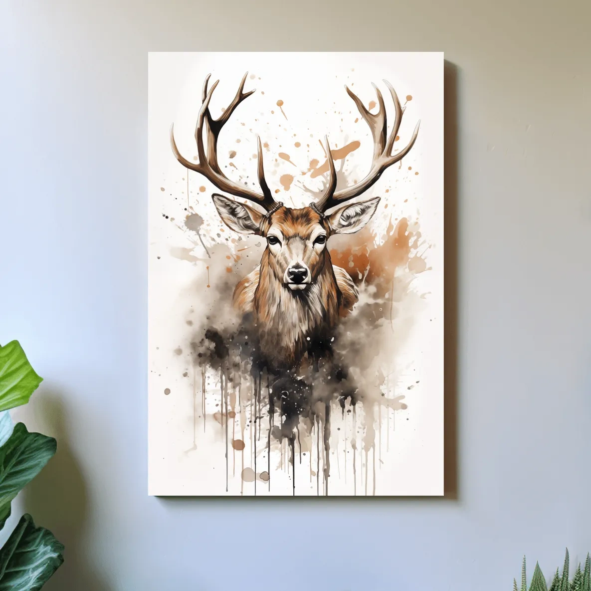 Majestic Stag Watercolor Splash Painting - Rustic Wildlife Wall Art