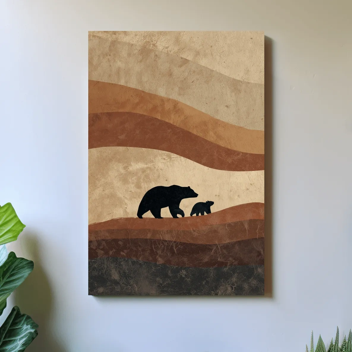 Scandi Bear Family Silhouette Artwork - Earthy Abstract Wildlife Wall Art