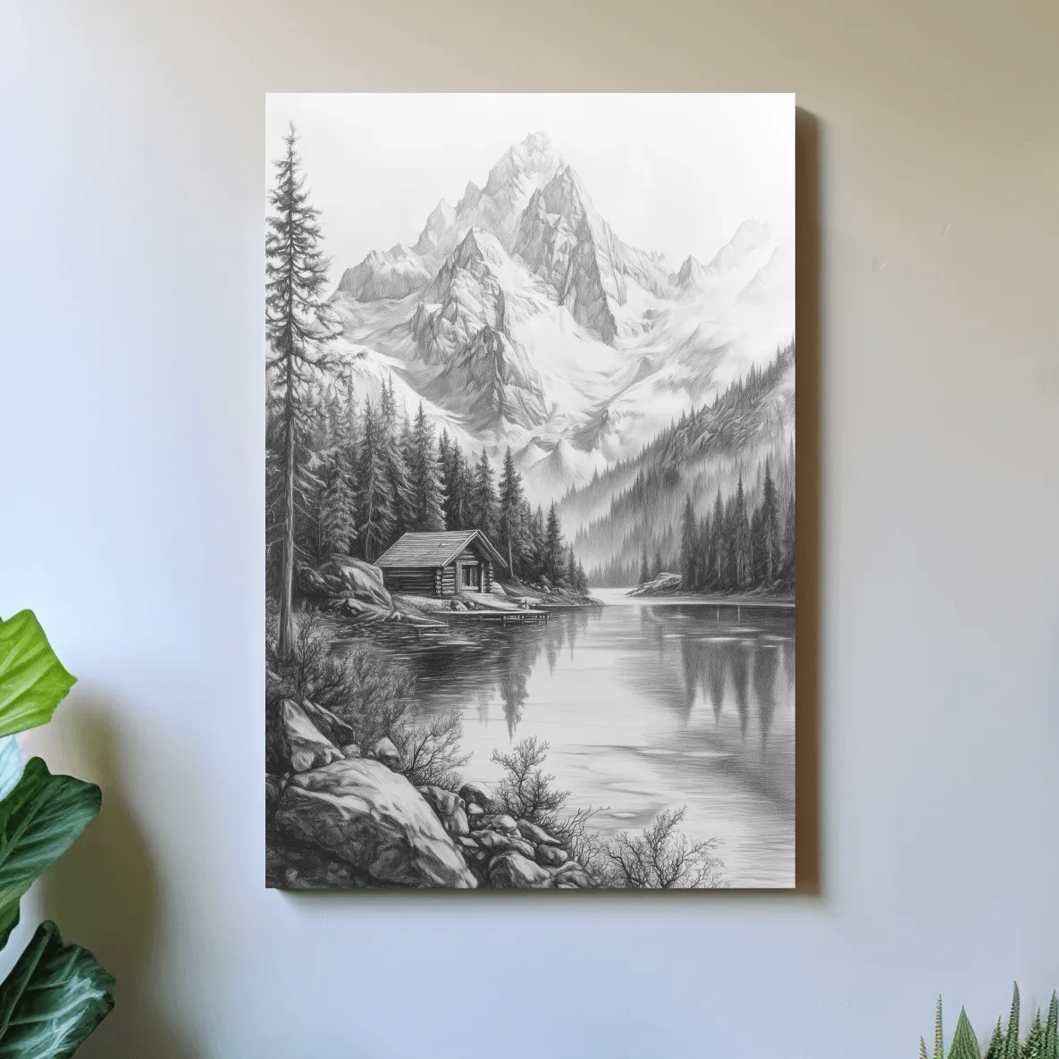 Monochrome Alpine Lake Cabin Sketch Art - Mountain Drawing Wall Art
