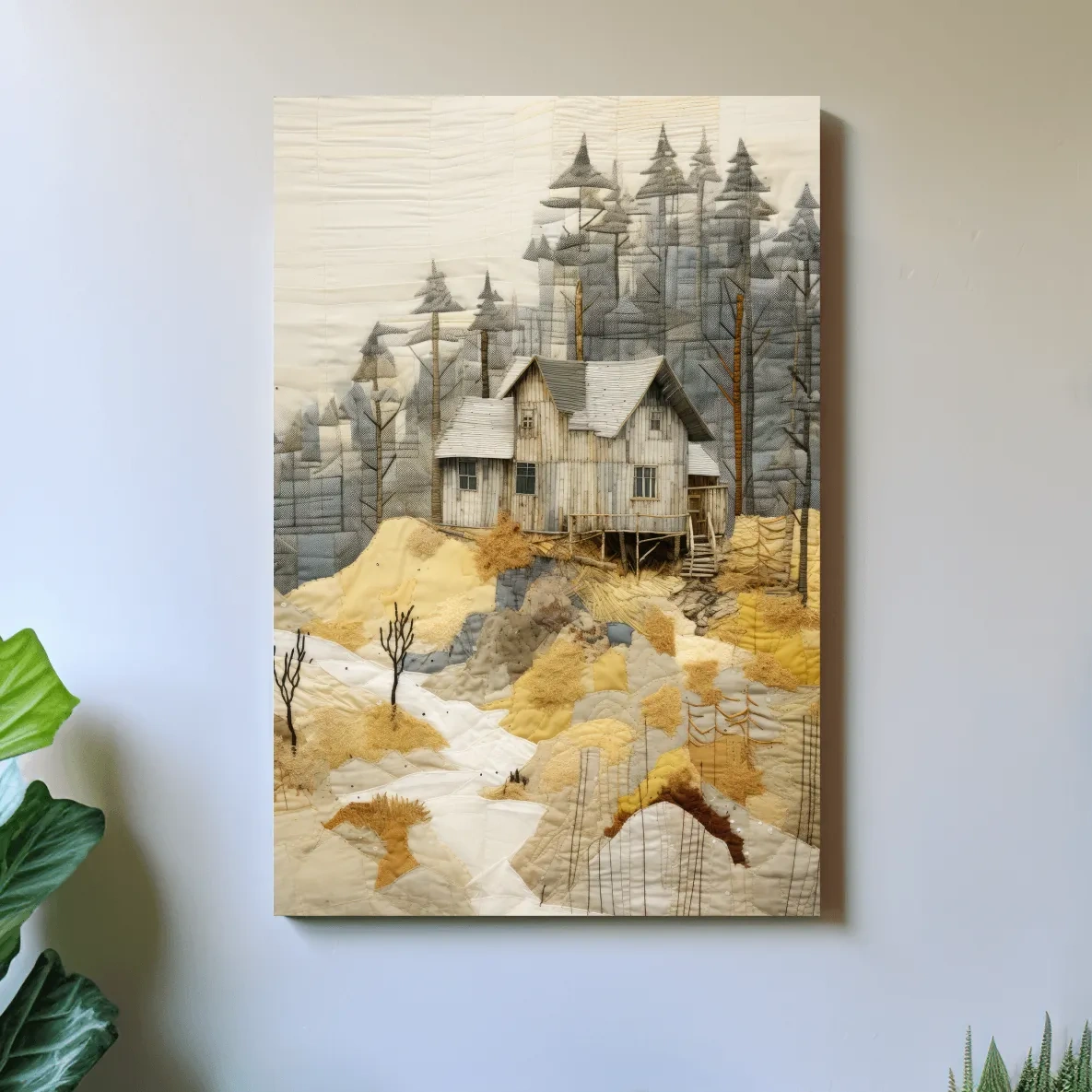 Rustic Woodland Cabin Landscape Quilt Art - Patchwork Style Mixed Media Wall Art