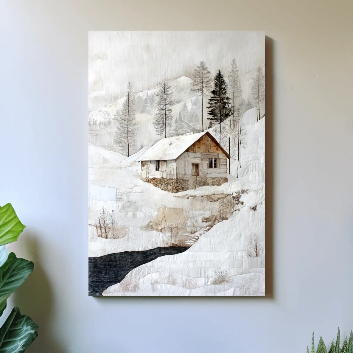 Snowy Mountain Cabin Textured Painting - Winter Landscape Wall Art