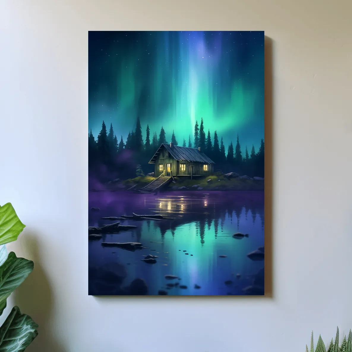 Vibrant Northern Lights Cabin Lake Painting - Aurora Borealis Night Wall Art