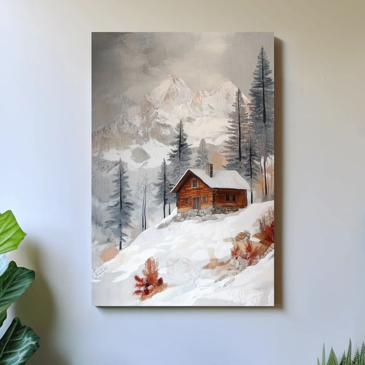 Snowy Mountain Cabin Landscape Painting - Rustic Winter Wilderness Wall Art