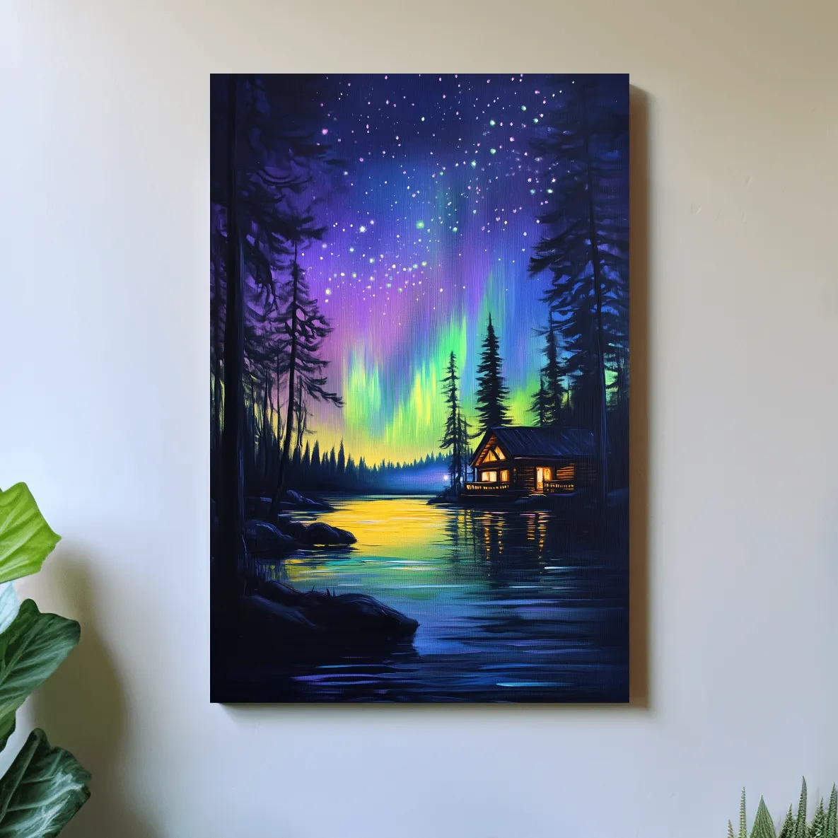 Vibrant Northern Lights Lakeside Cabin Painting - Aurora Borealis Night Landscape Wall Art
