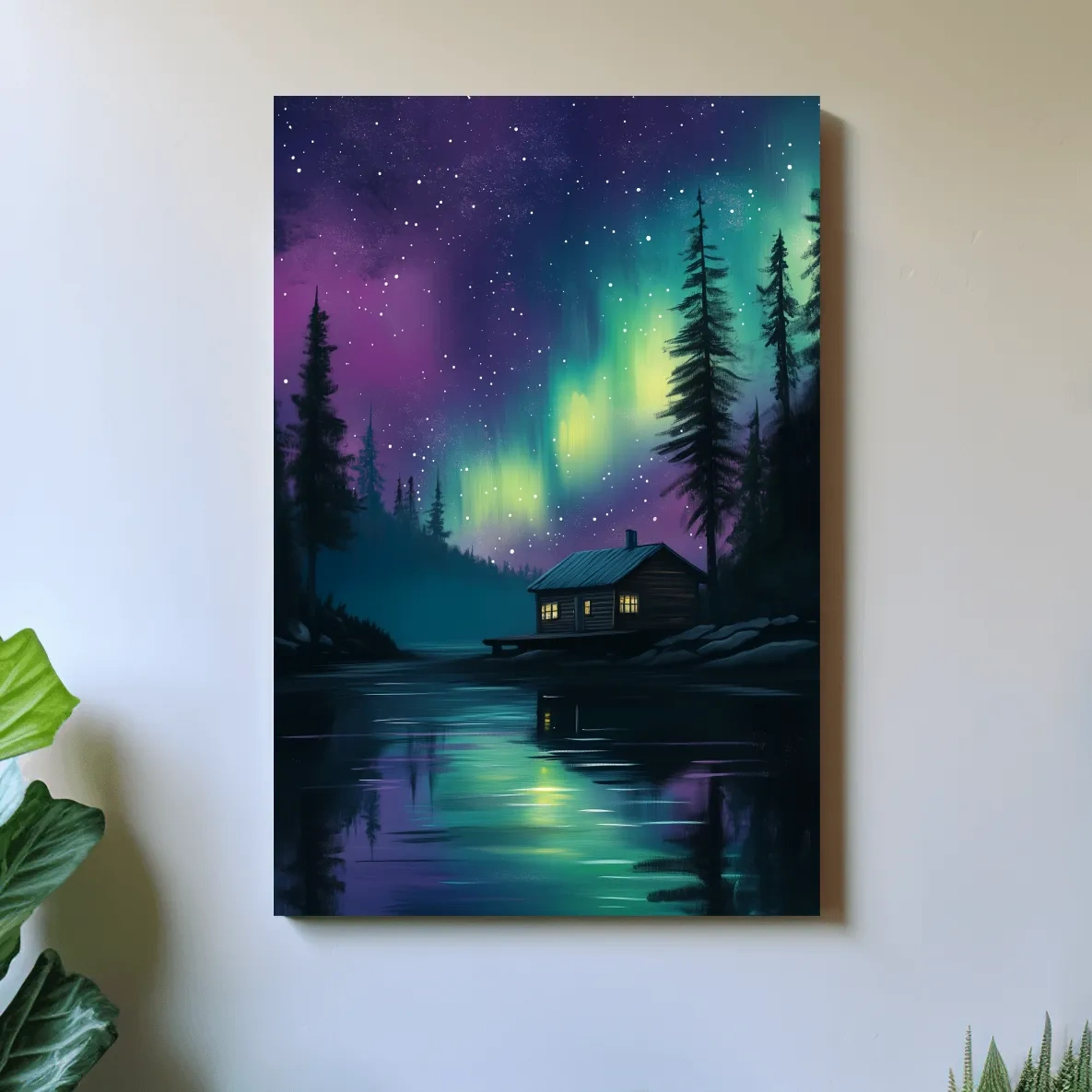 Aurora Borealis Lake Cabin Painting - Northern Lights Wall Art