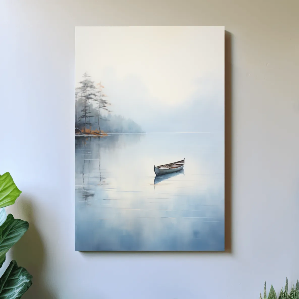 Misty Lake Canoe Reflection Painting - Serene Minimalist Waterscape Wall Art