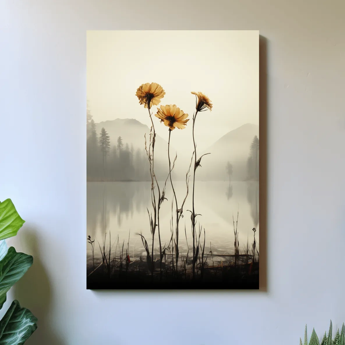 Wildflower Misty Lake Landscape - Minimalist Botanical Wall Art