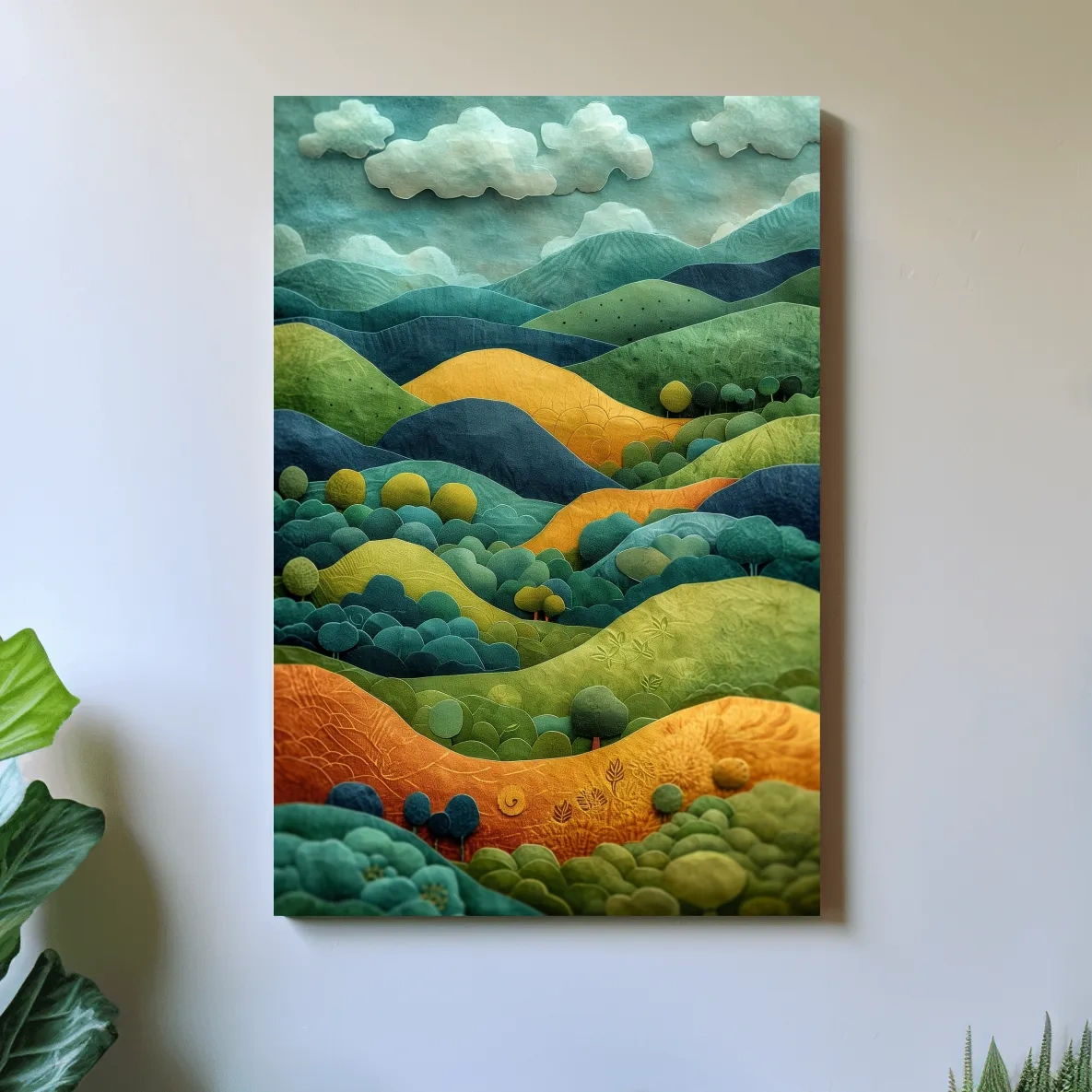 3D Layered Paper Cut Style Mountain Artwork - Whimsical Surreal Landscape Wall Art