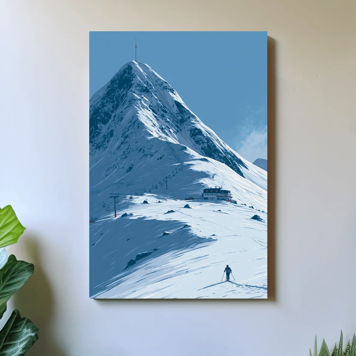 Alpine Mountain Skier Artwork - Minimalist Winter Landscape Wall Art