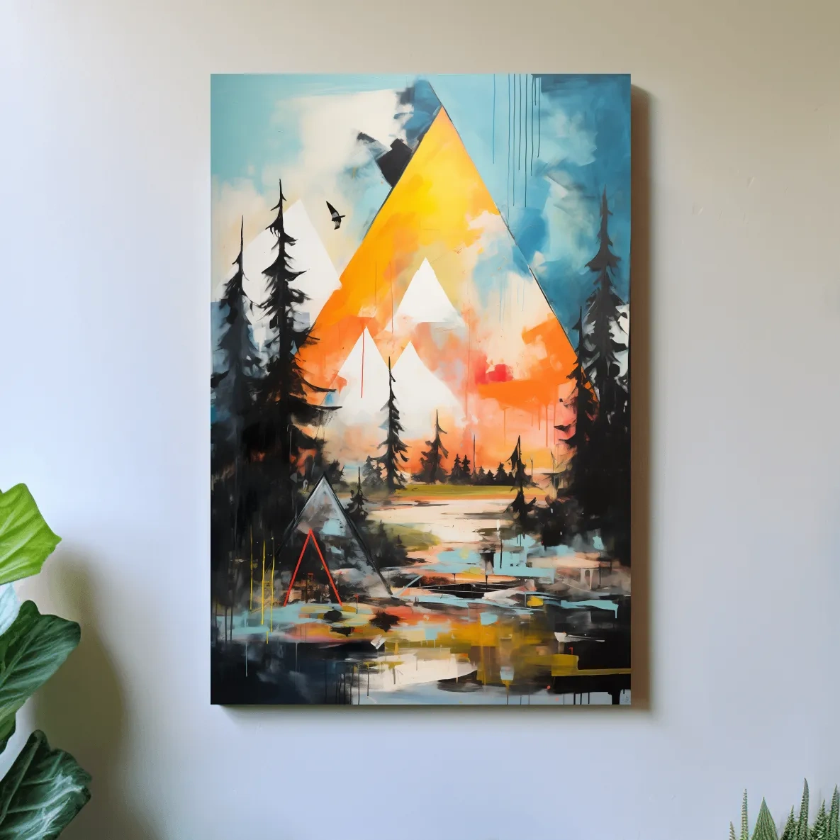 Vibrant Abstract Mountain Painting - Modern Geometric Alpine Forest Wall Art