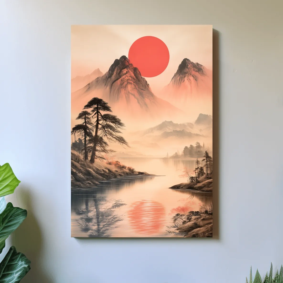 Zen Misty Mountain Lake Sunrise - Japanese Ink Wash Wall Art