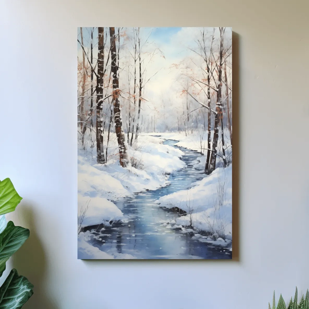 Serene Winter River Forest Painting - Snowy Woodland Wall Art