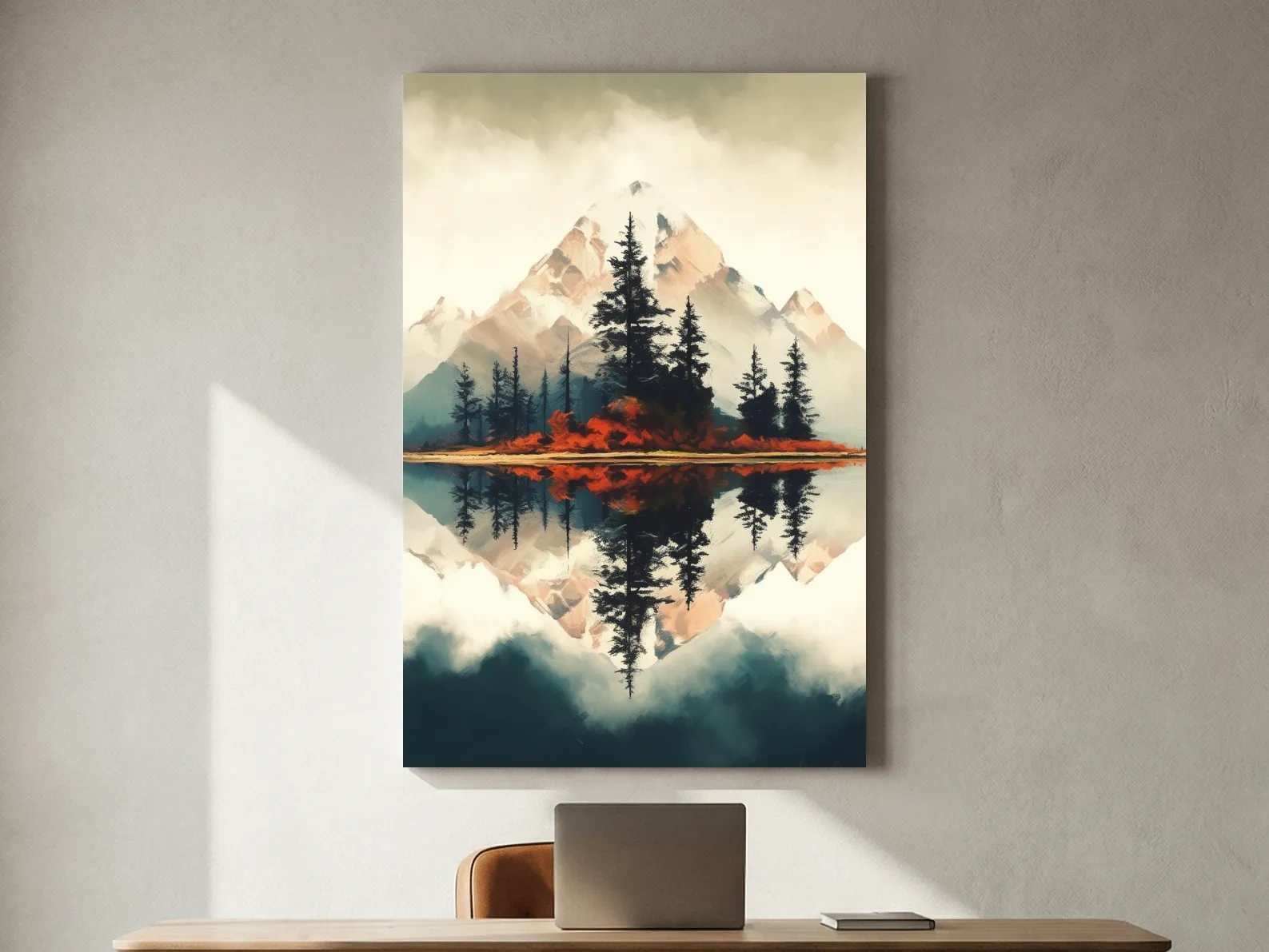 Minimal Mountain Lake Reflection With Pine Forest - Watercolor Landscape Wall Art