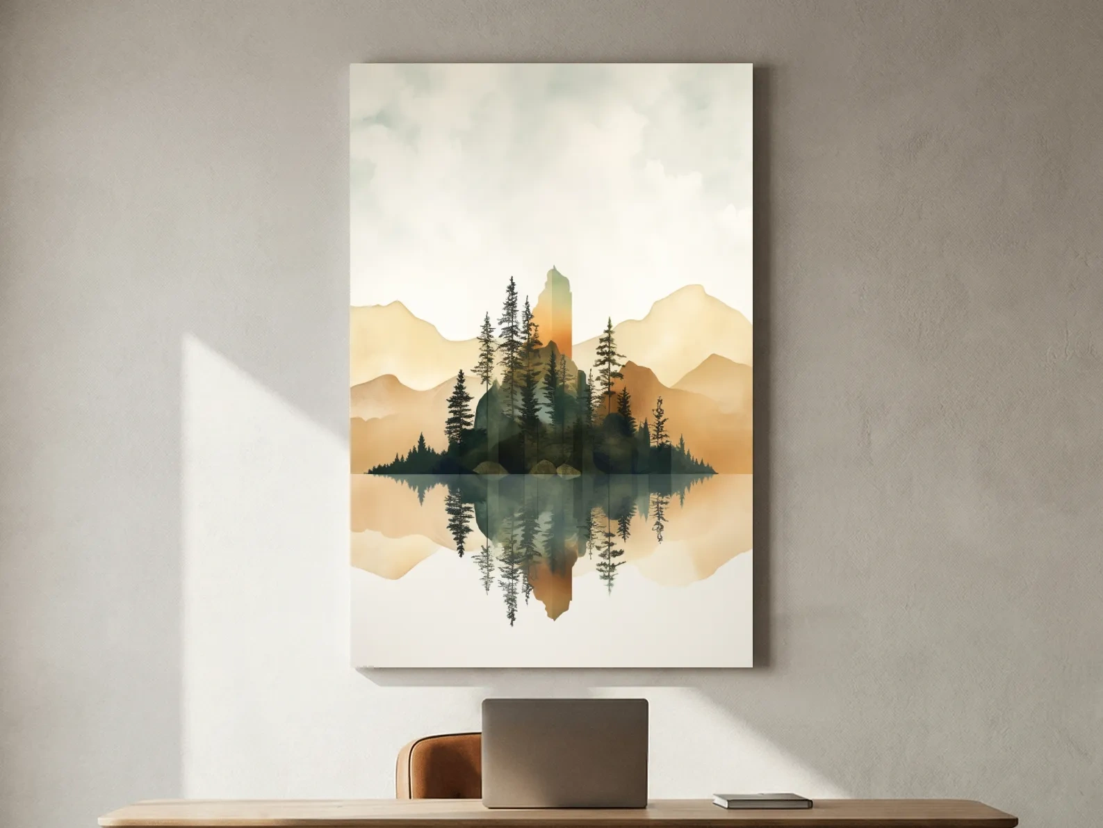 Alpine Mountain Lake Reflection Watercolor - Serene Pine Forest Wall Art