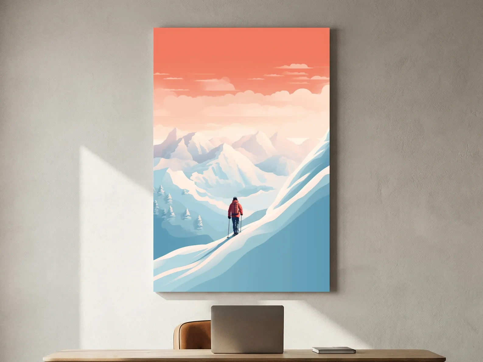 Backcountry Skier In Alpine Sunset - Minimalist Winter Mountains Wall Art