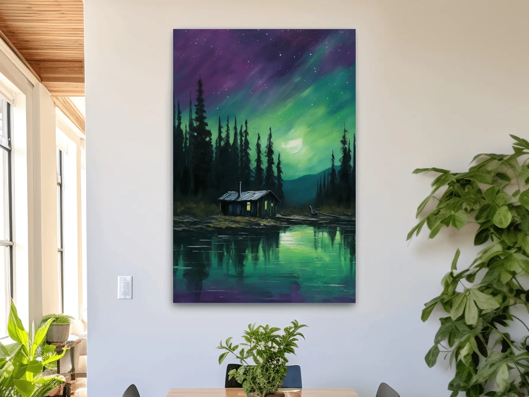 Painting of cabin by a lake under the northern lights night sky