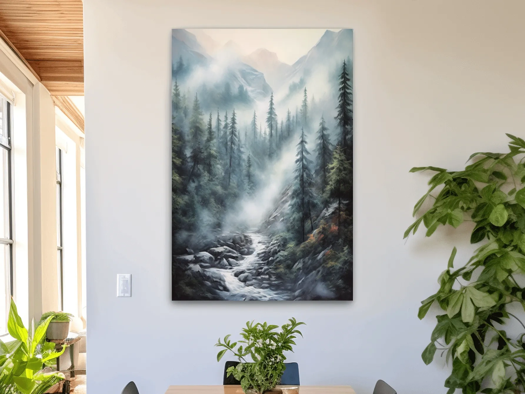 Painting of a foggy forest mountain and river scene