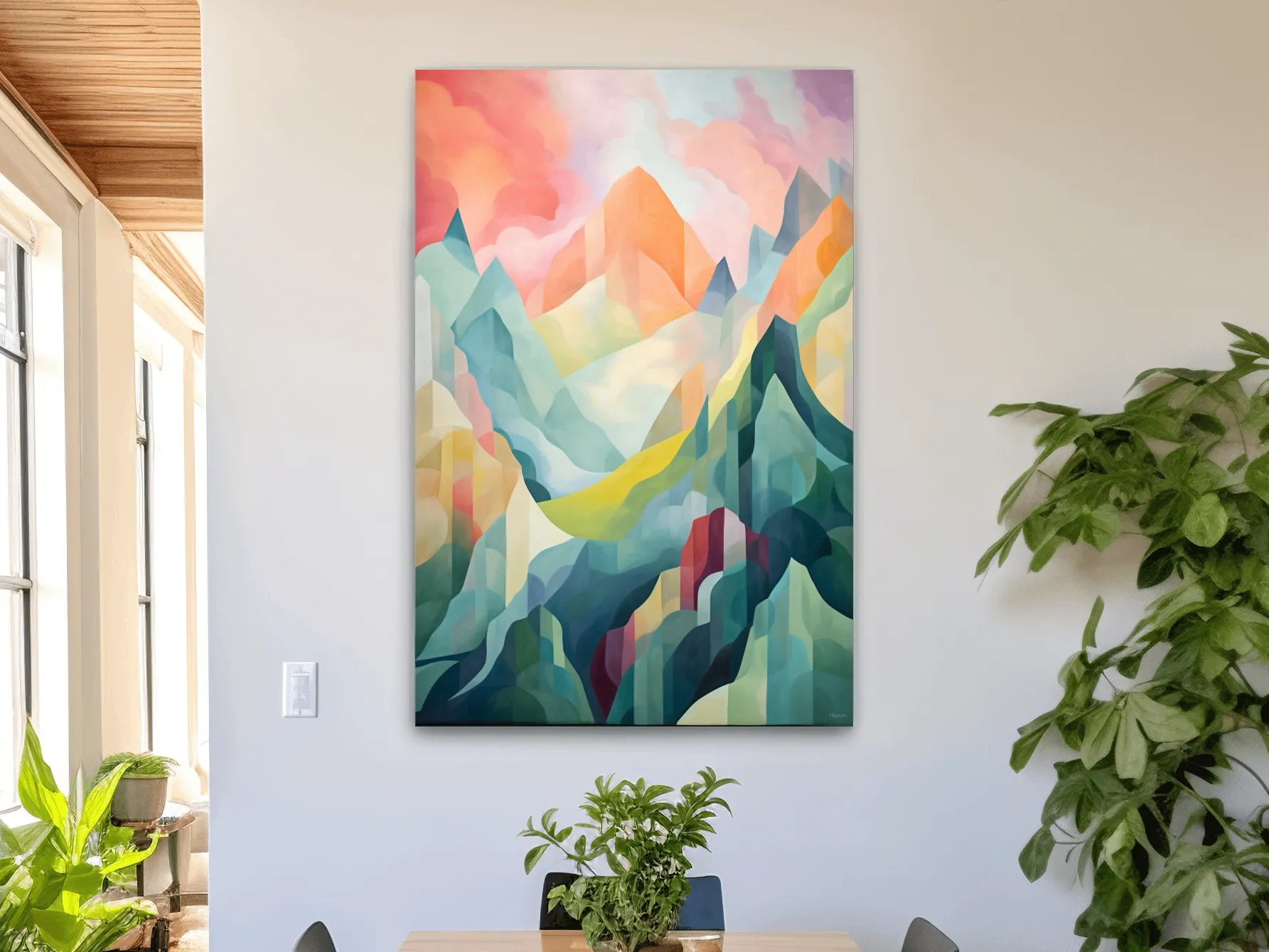 Vibrant Abstract Pastel Mountain Sunset - Geometric Watercolor Style Wall Art