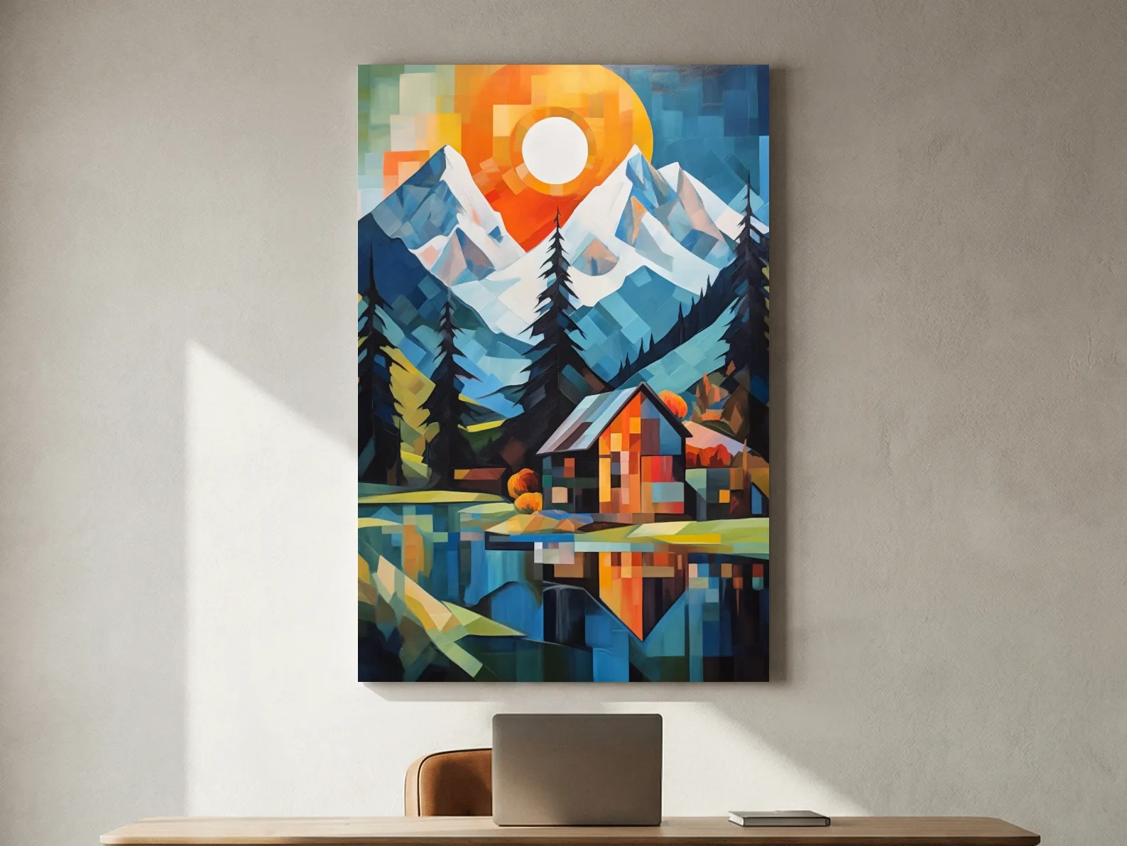Geometric Alpine Cabin Lake Sunset - Vibrant Impressionist Mountain Wall Art