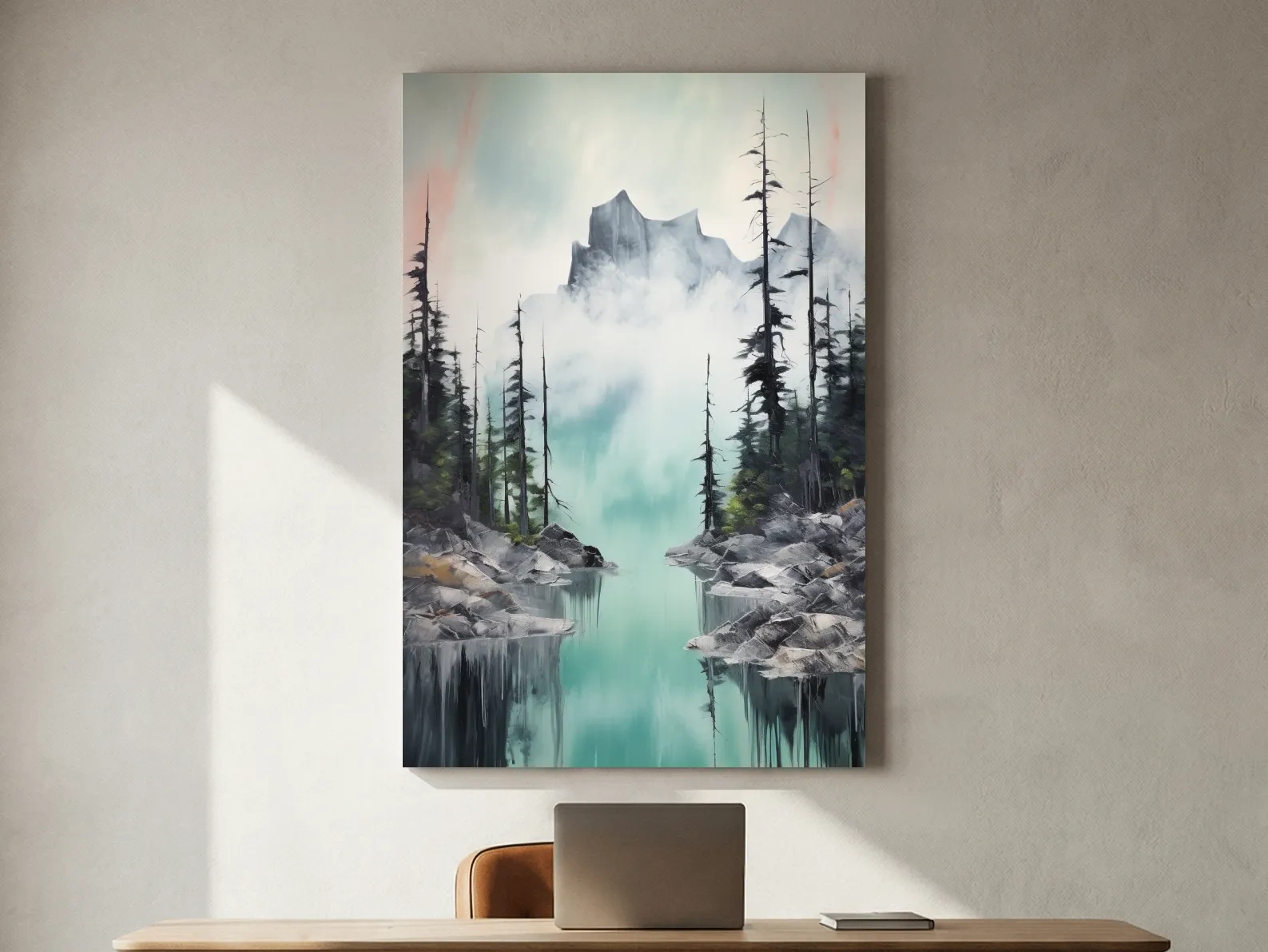 Misty Turquoise Alpine Lake Reflection - Watercolor Mountain Forest Wall Art