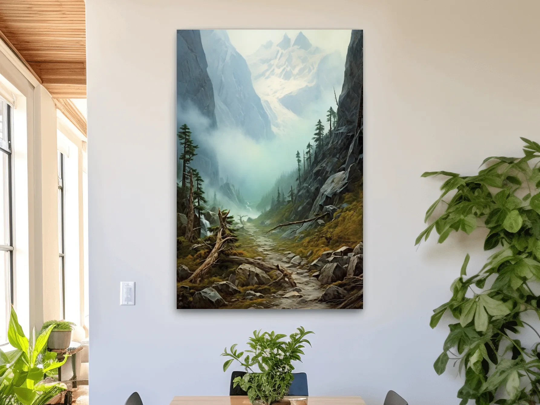 Misty Alpine Mountain Valley Painting - Foggy Pine Forest Wall Art
