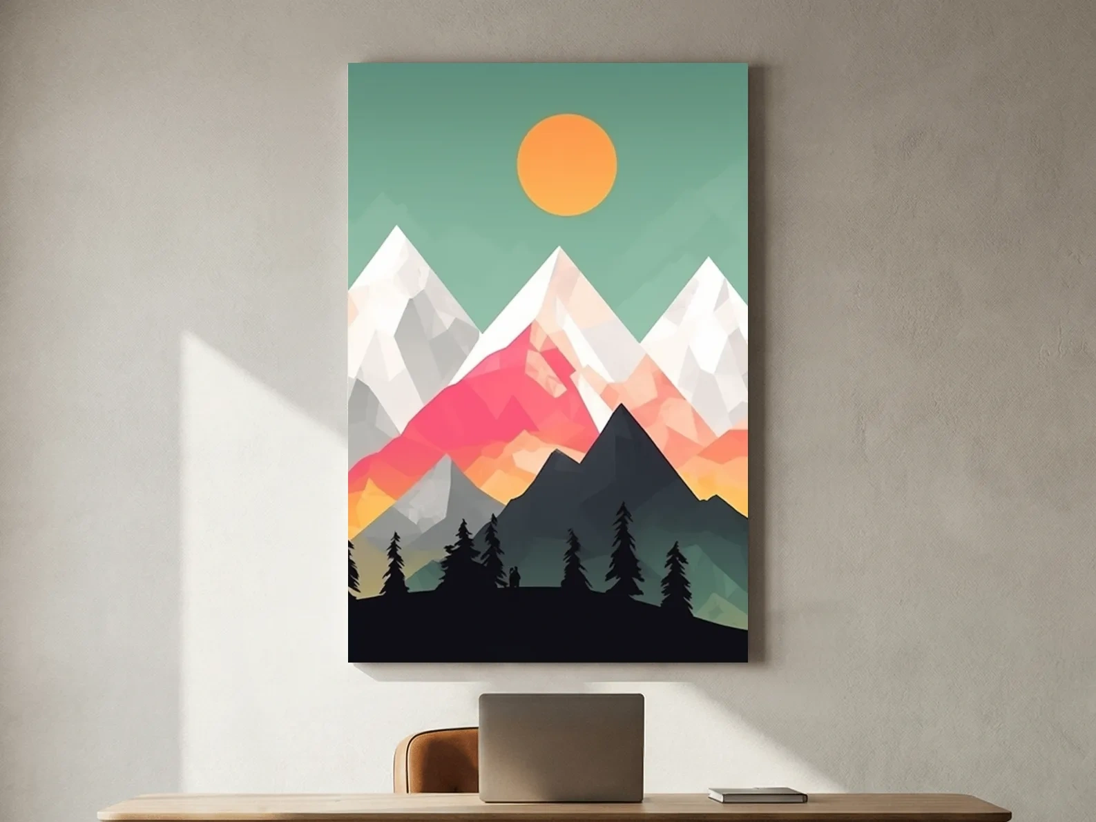 Geometric Sunset Mountain Peaks With Pine Silhouettes - Modern Colourful 2D Wall Art