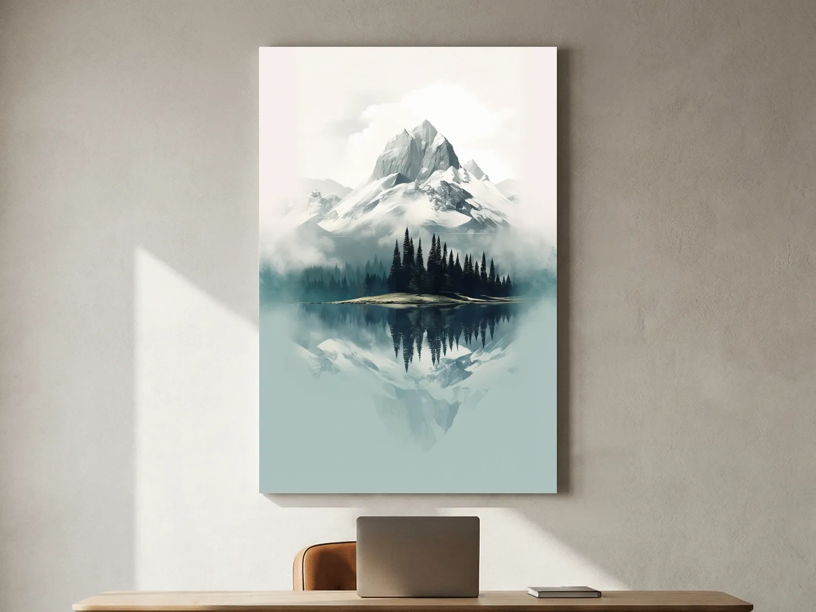 Misty Alpine Mountain Lake Reflection - Minimalist Watercolor Landscape Wall Art
