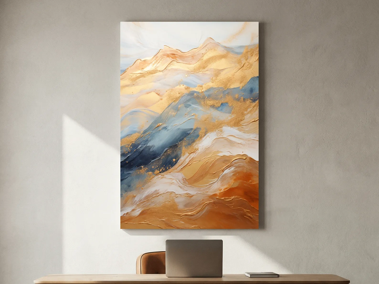 Abstract Gold And Blue Mountain Landscape - Modern Fluid Marble Wall Art