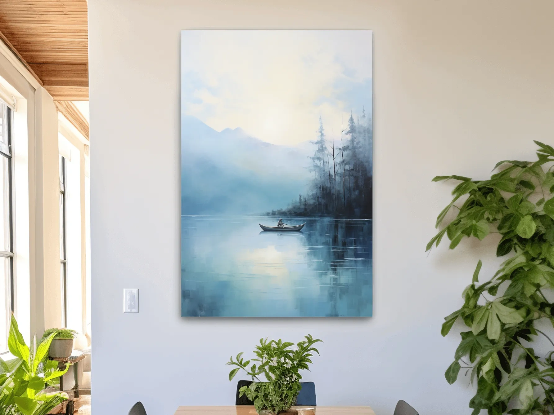 Misty Turquoise Mountain Lake Canoe Painting - Serene Forest Landscape Wall Art