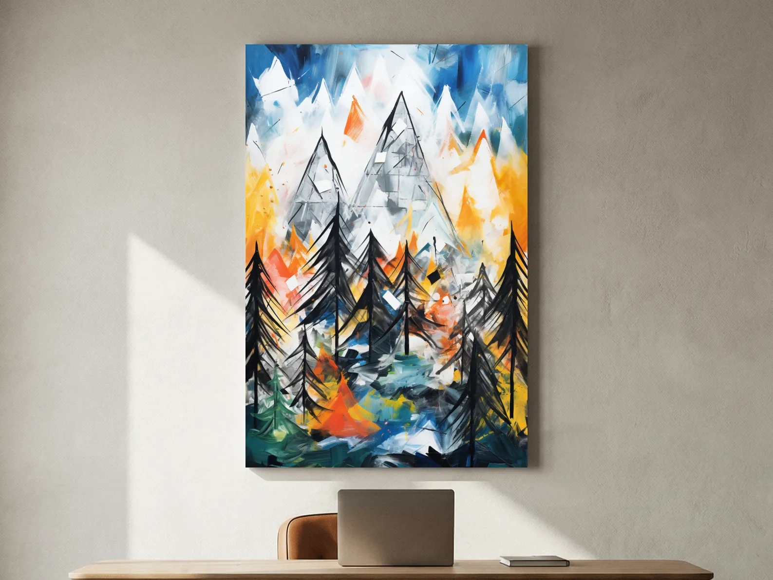 Abstract Alpine Mountain Peaks Painting - Colorful Energetic Pine Forest Landscape Wall Art