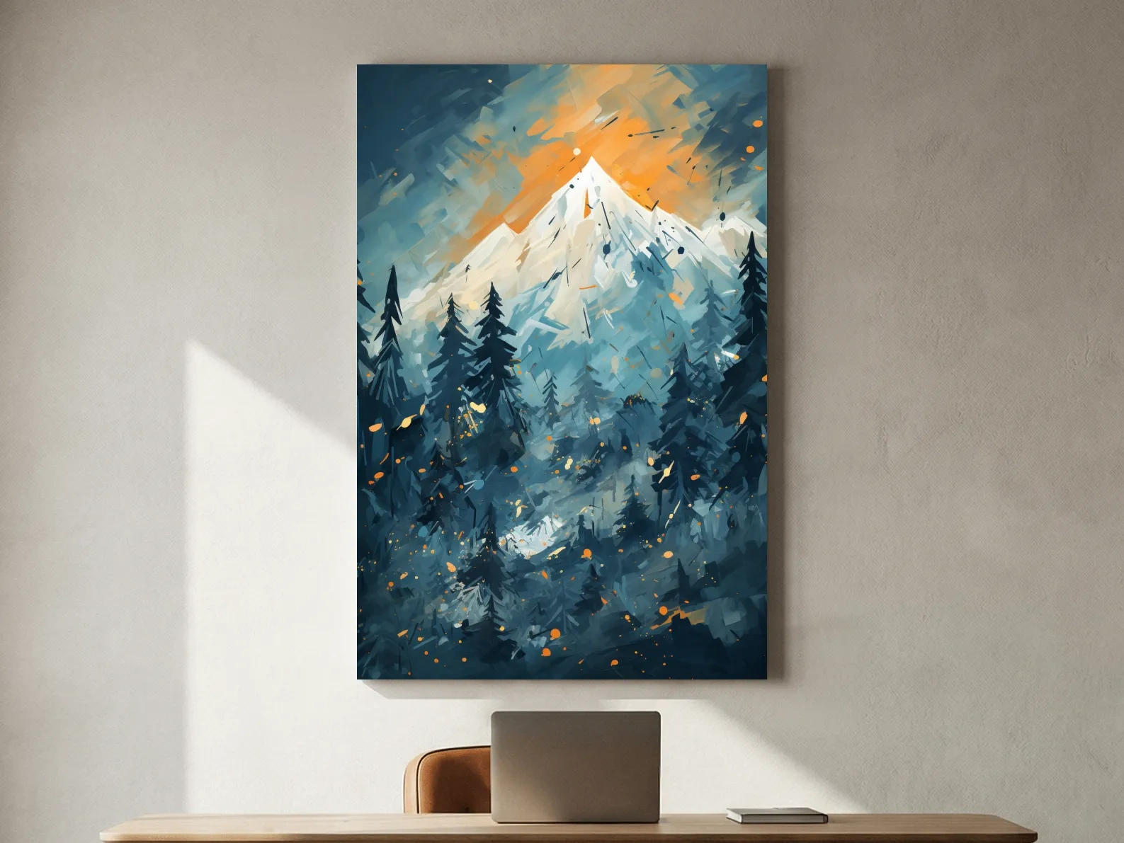 Abstract Snowy Mountain Peak Sunset - Moody Pine Forest Painting Wall Art