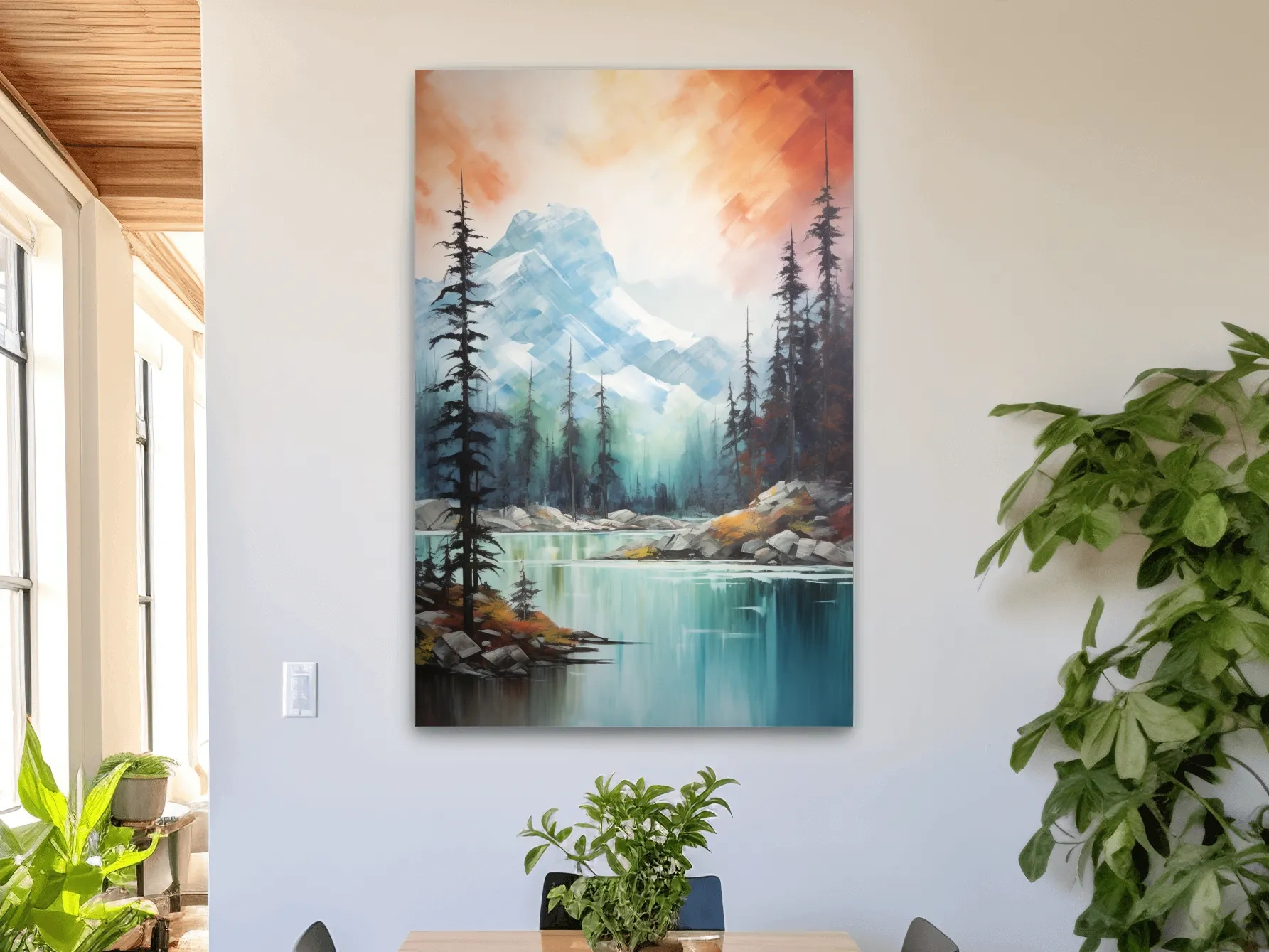 Turquoise Alpine Lake & Pine Forest Sunset Watercolor - Serene Mountain Landscape Wall Art