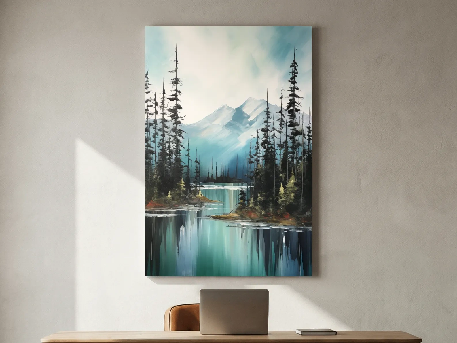 Alpine Turquoise Lake Watercolor Landscape - Serene Pine Forest Nature Wall Art