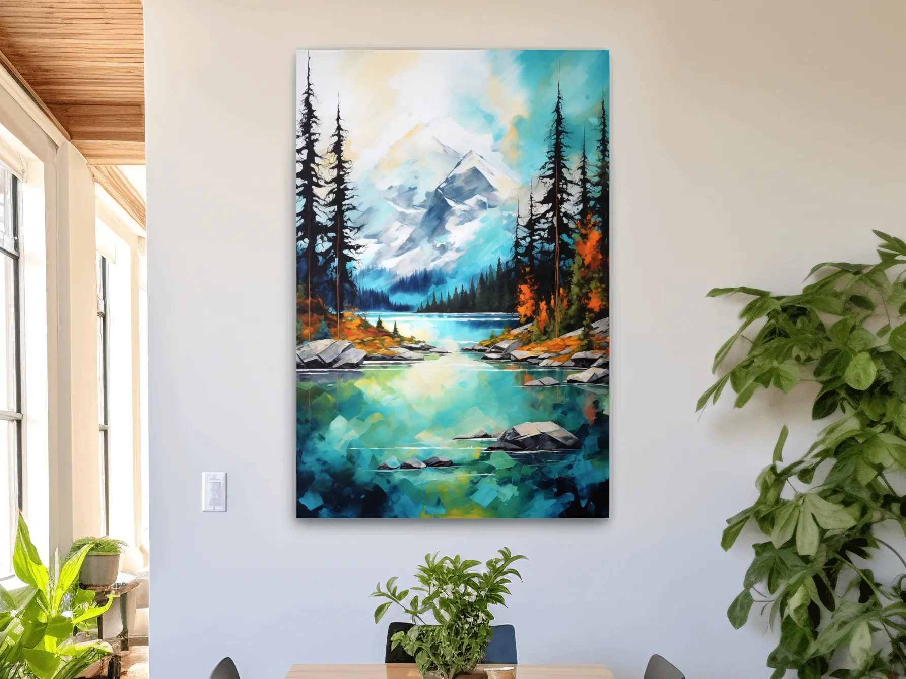 Turquoise Alpine Lake Mountain Painting - Colorful Watercolor Forest Wall Art