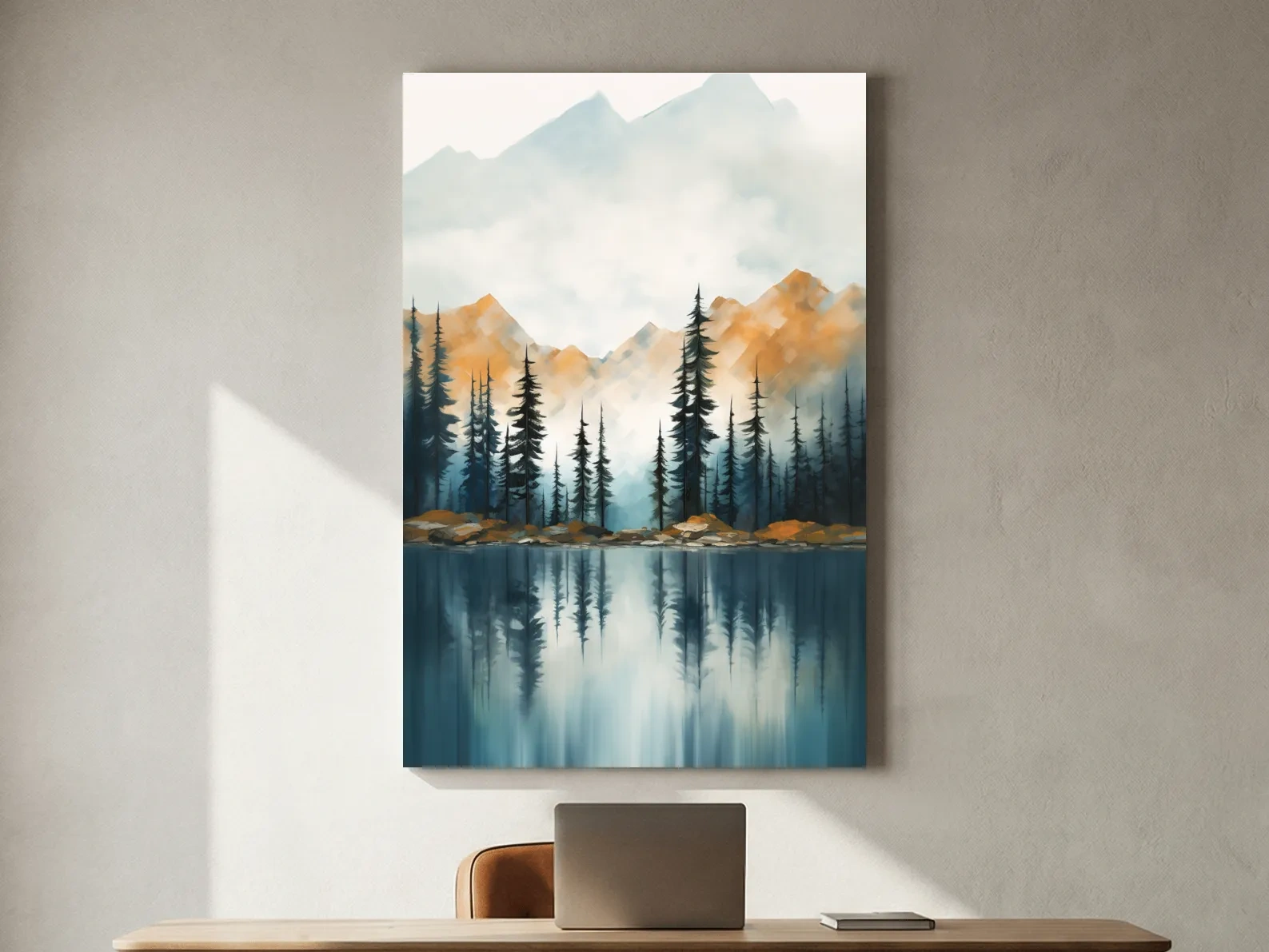 Misty Watercolor Mountain Lake Reflection - Serene Pine Forest Landscape Wall Art