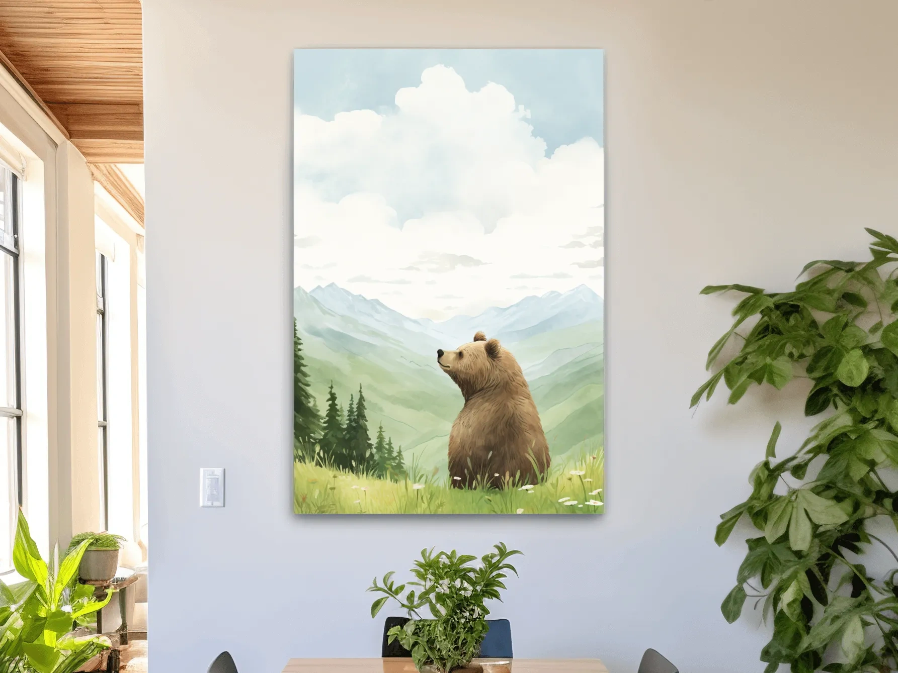 Whimsical Watercolor Bear In Mountain Meadow - Serene Nursery Wildlife Art