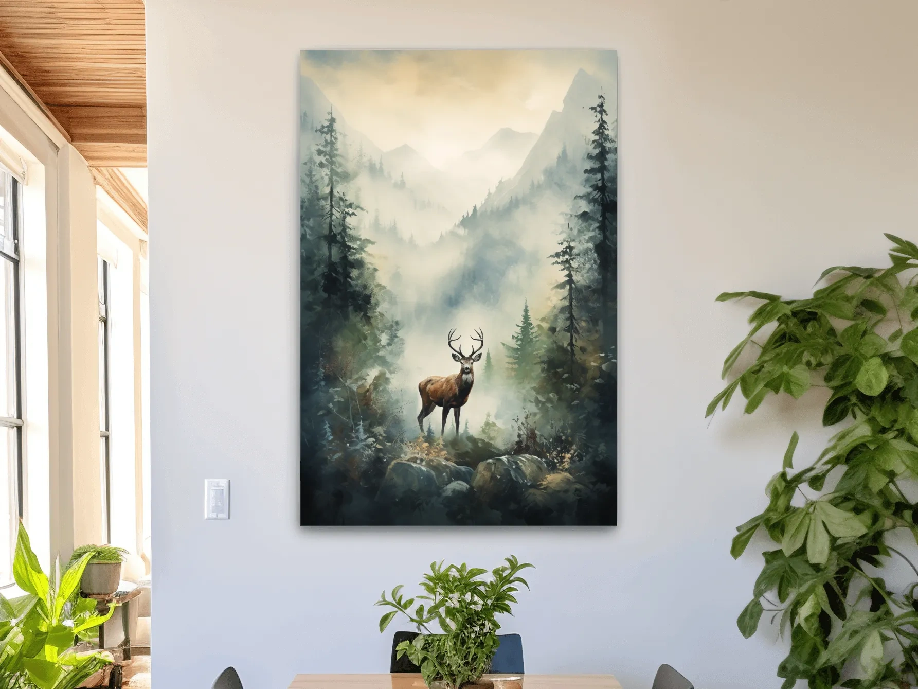 Watercolour painting of a deer standing in a misty forest