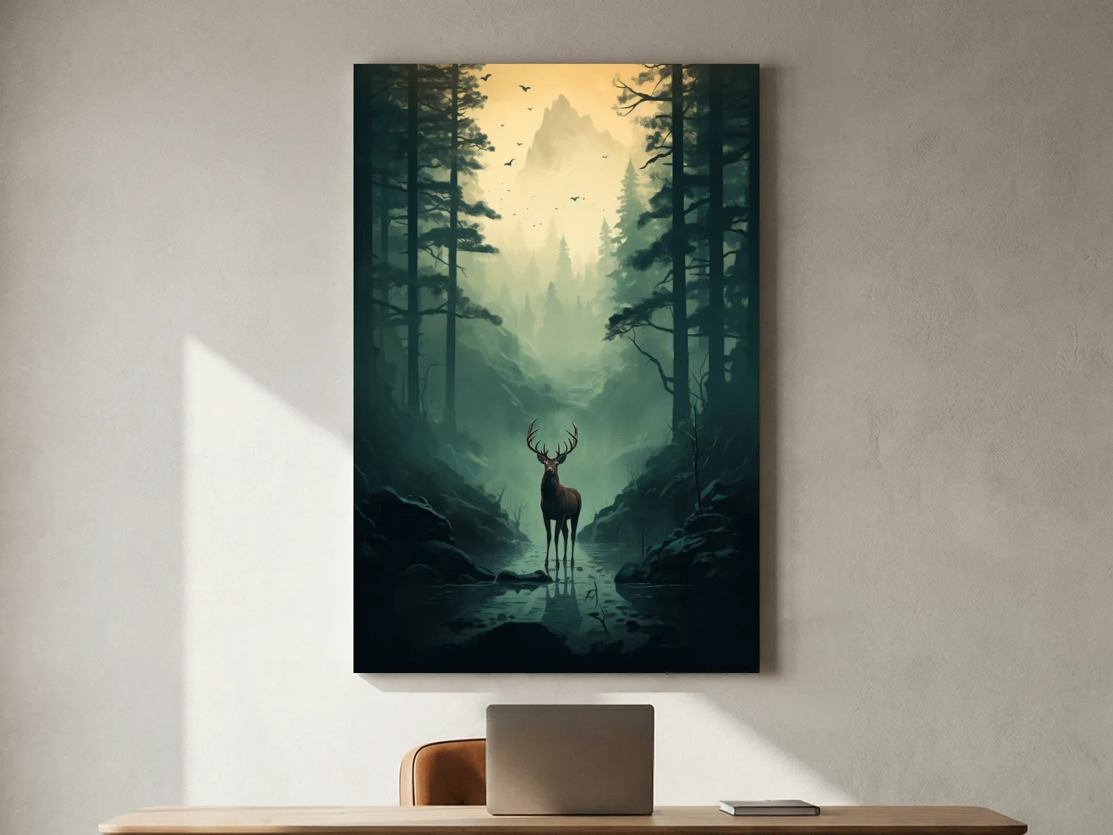 Moody Misty Forest Deer Stag Landscape - Atmospheric Wildlife Mountain Wall Art