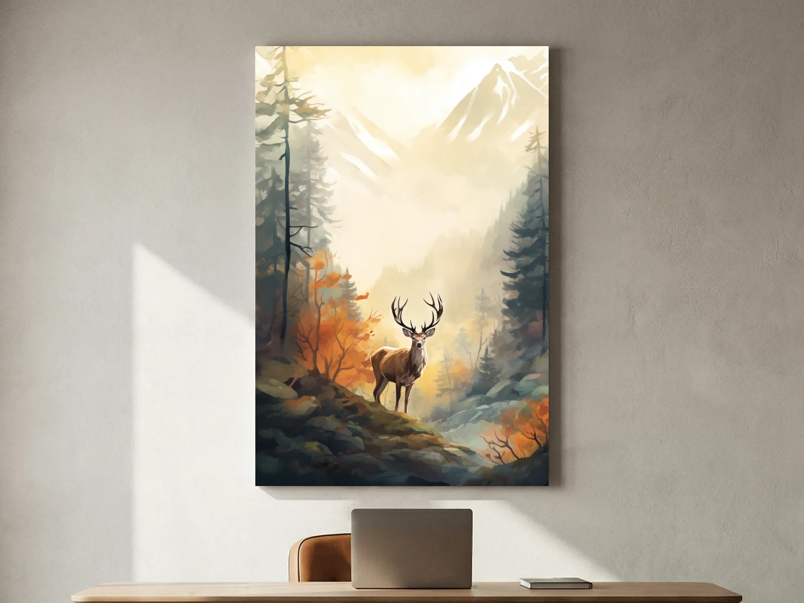 Majestic Stag In Misty Mountain Forest - Autumn Watercolor Wildlife Wall Art