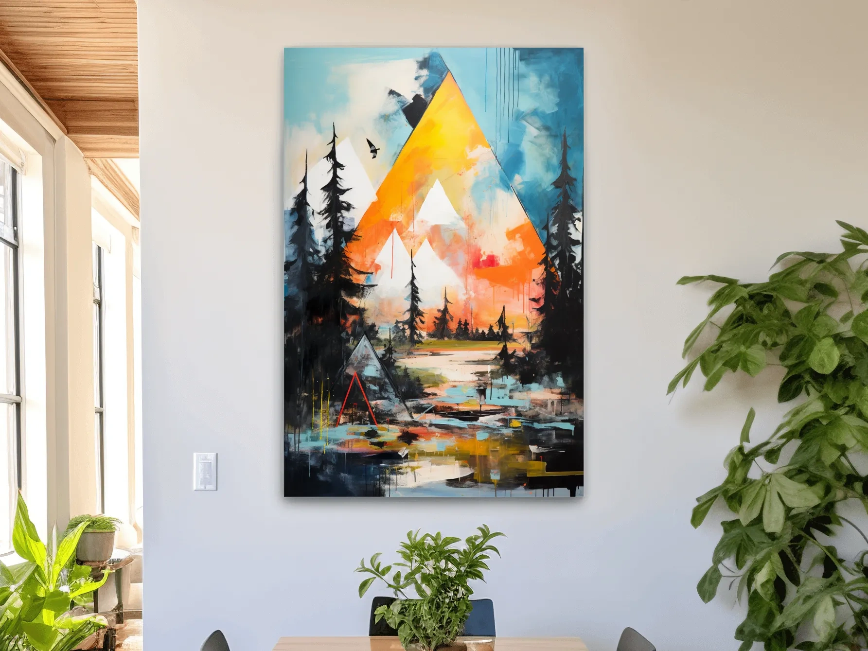 Vibrant Abstract Mountain Painting - Modern Geometric Alpine Forest Wall Art